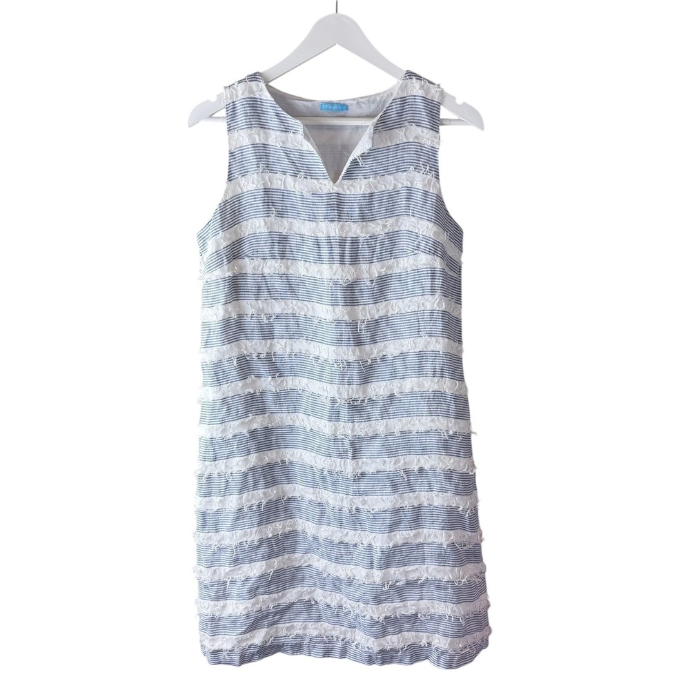 J.McLaughlin Blue White Striped Fringe Sleeveless V-Neck Shift Dress Womens M